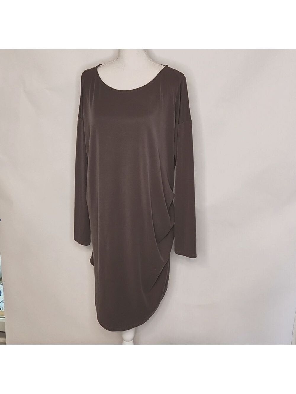 Lisa Bayne Lenzing Modal Shift Dress Taupe XXL Side Ruched Long Sleeve Lagenlook - Picture 16 of 16